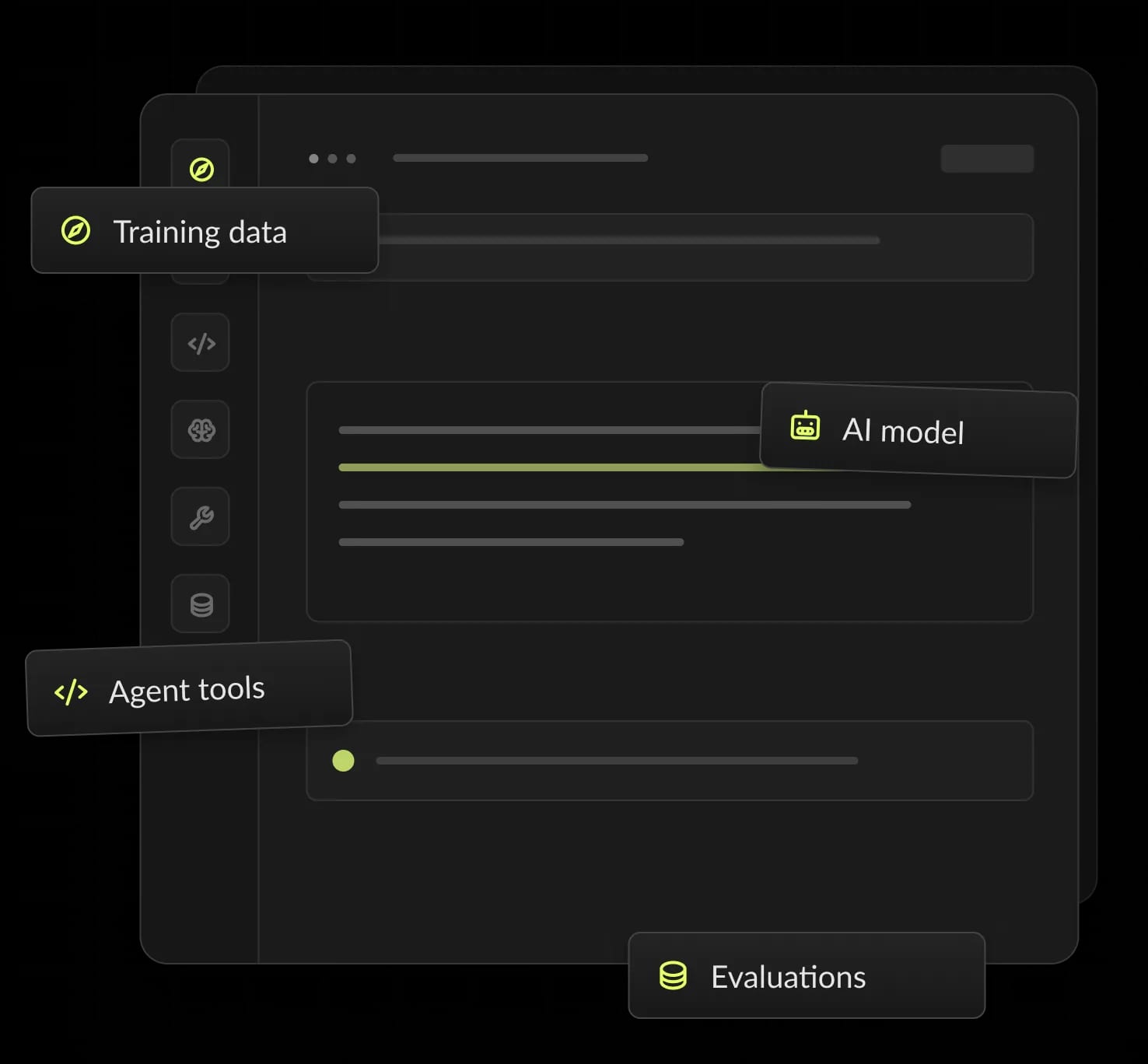 AI agent workspace connecting training data, an AI model, agent tools and evaluations