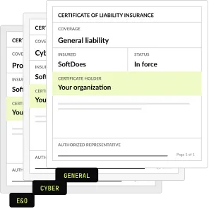 Sample certificates of insurance for professional liability (E&O), cyber liability and general liability