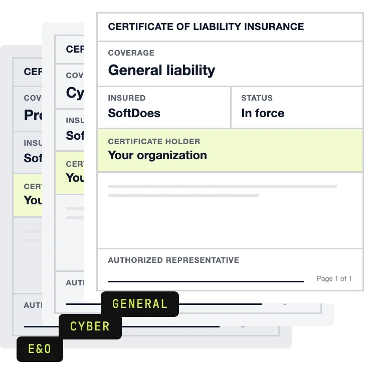 Sample certificates of insurance for professional liability (E&O), cyber liability and general liability